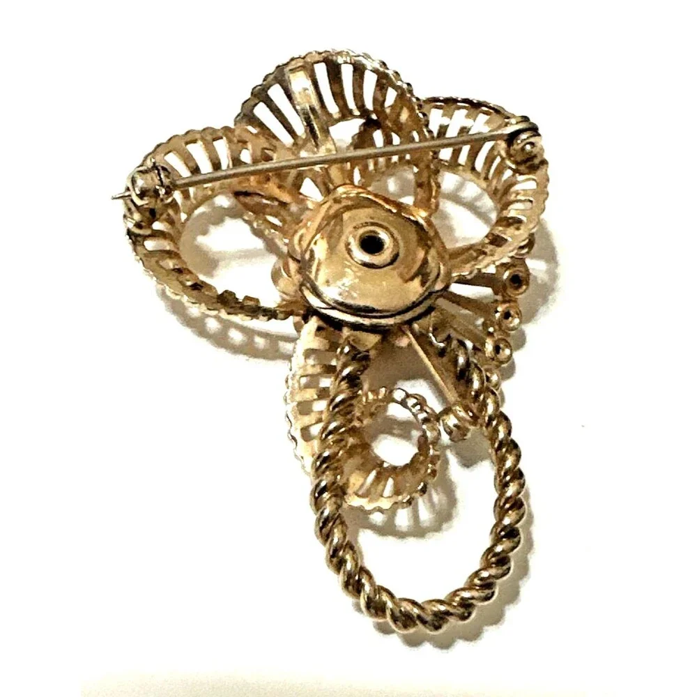 Vintage Gold Tone Ribbon Bow Brooch Crystal Rhinestone Filigree Pin 2